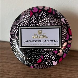 Voluspa Japanese Plum Bloom Candle 4 oz with Black and Pink Design